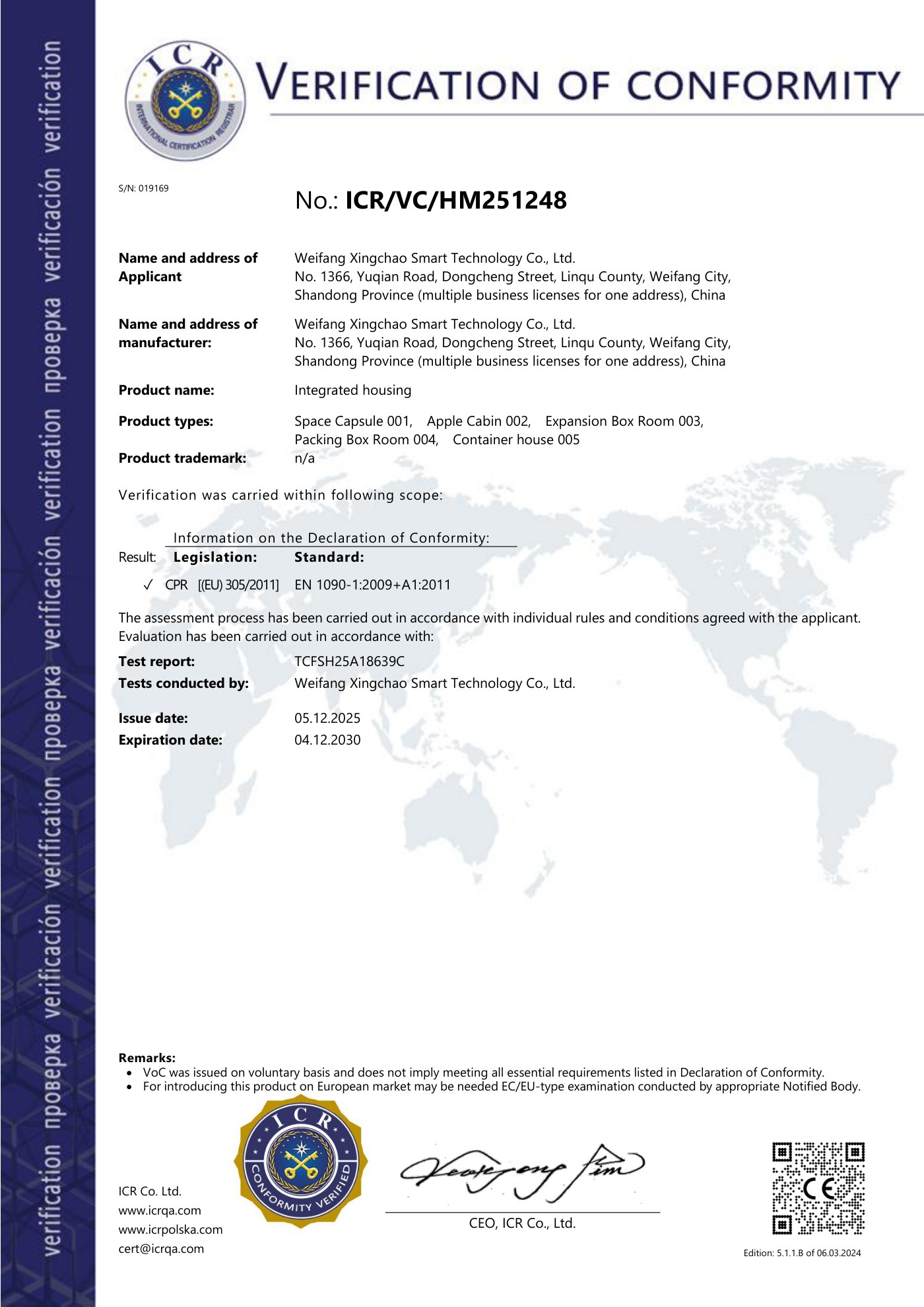 CE Verification of Compliance certificate issued by ICR Co. Ltd.