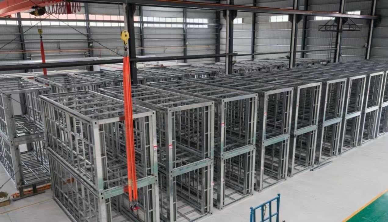 Nested steel frames in workshop