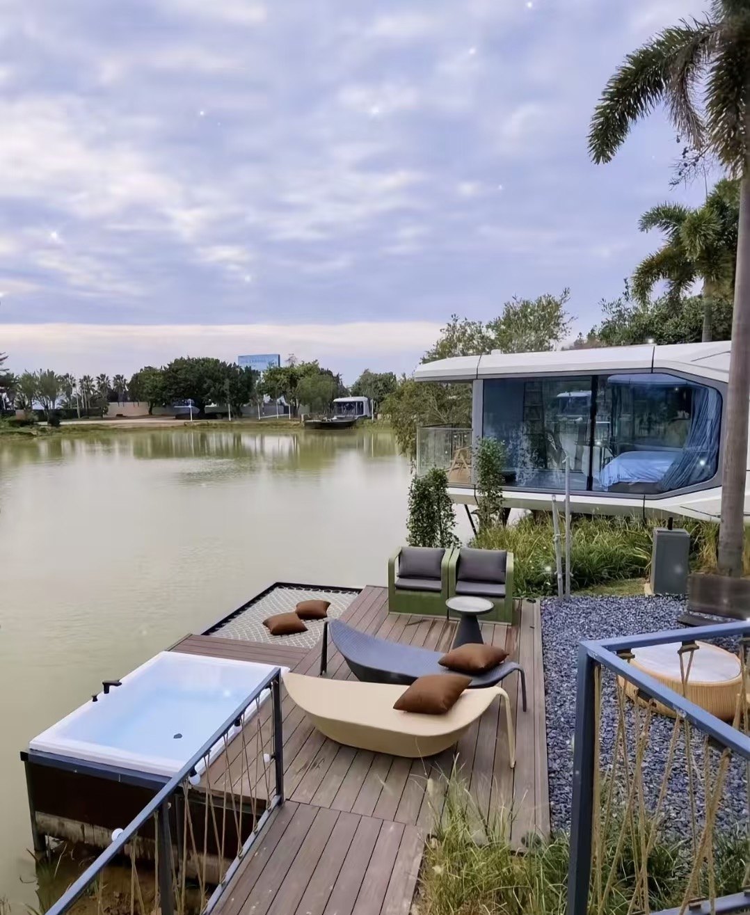 Capsule over the water with jacuzzi deck