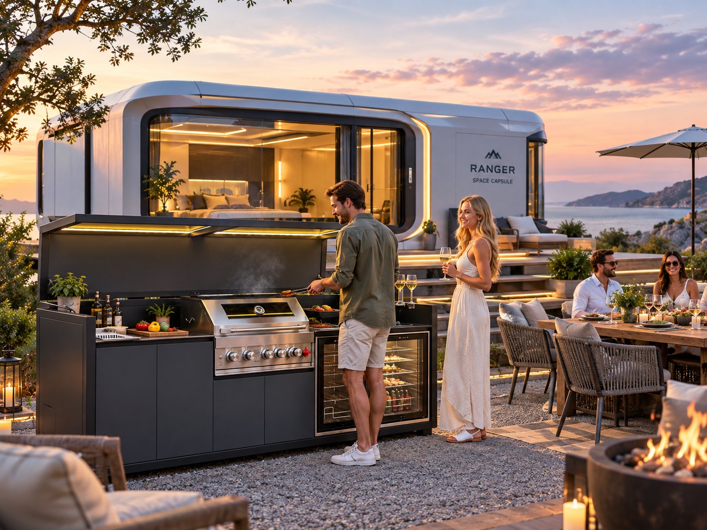 RANGER capsule and outdoor kitchen with guests dining at dusk
