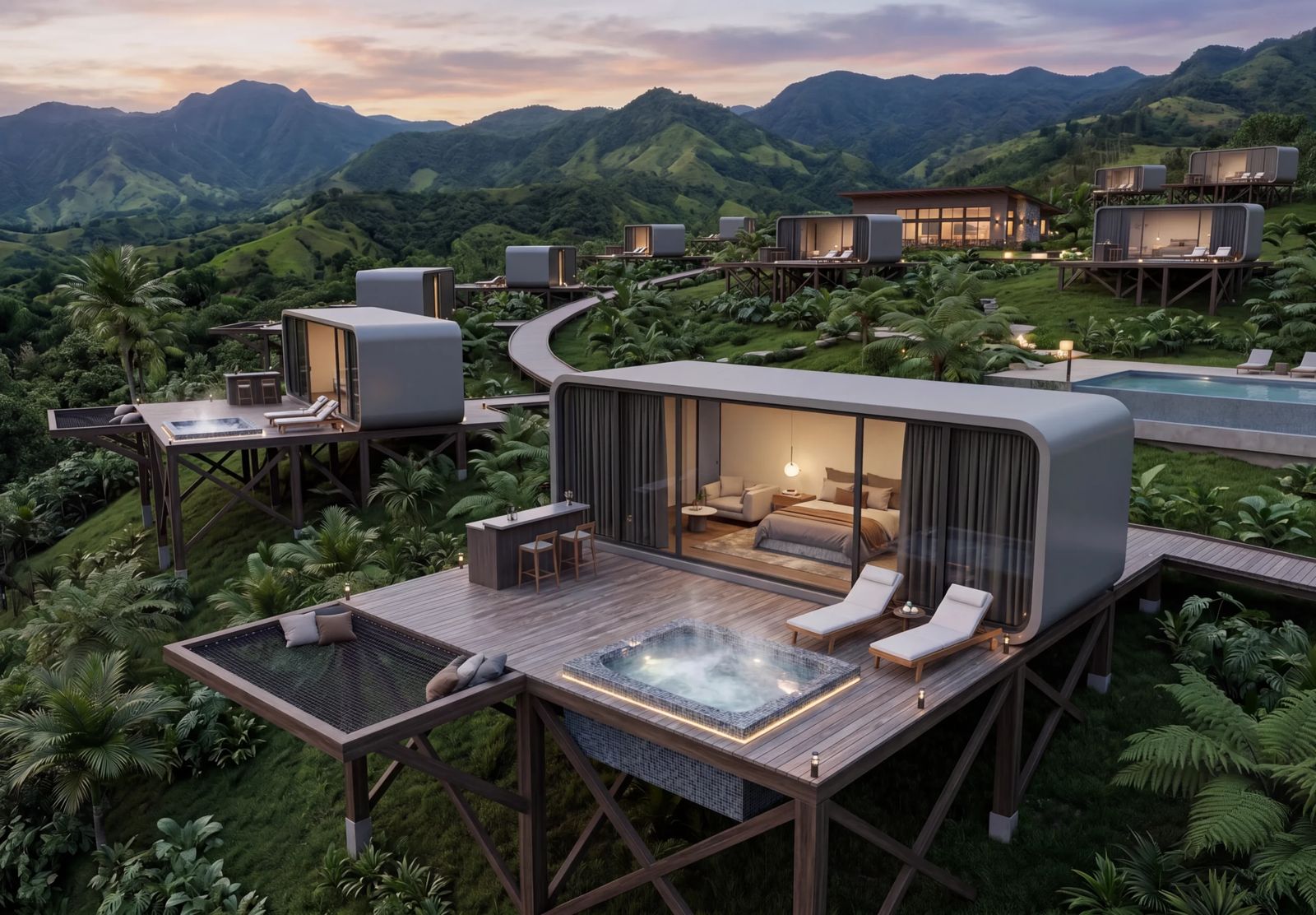 Resort capsules in valley